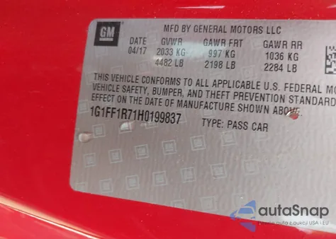 2017 Chevrolet Camaro 1Ss из США, поврежденный, VIN 1G1FF1R71H0199837